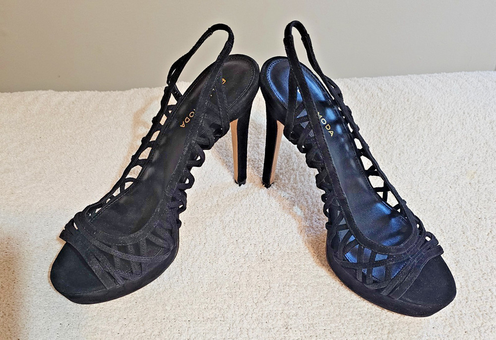 Pelle Moda Black Strappy Slingback Heels Suede Leather Womens Size 8